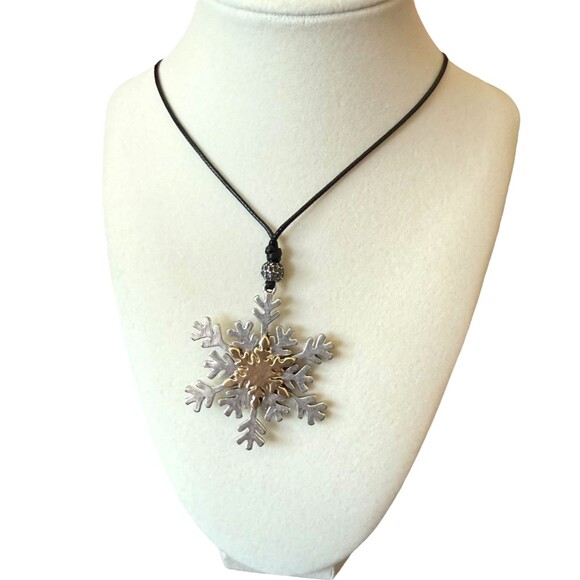 J. Jill Rhinestone Snowflake Pendant Necklace Reversible Adjustable Cord Rustic - Picture 11 of 16